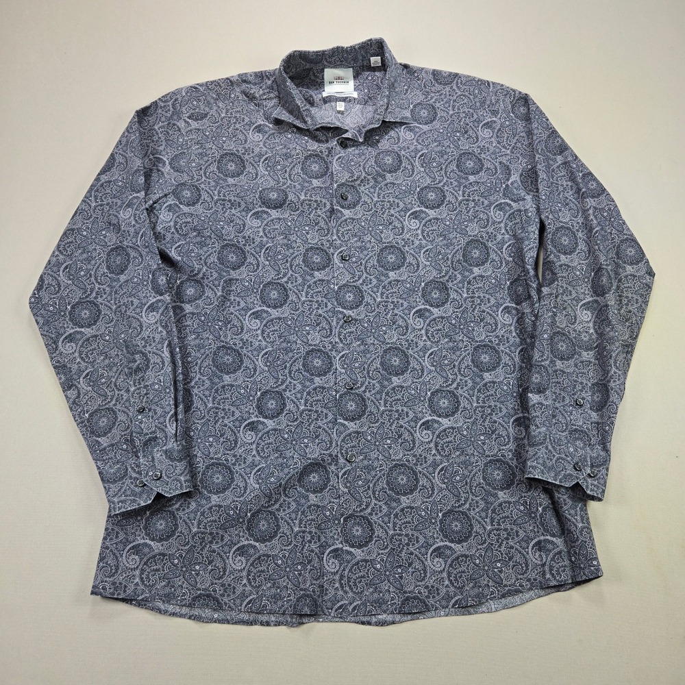 Ben Sherman Button Down Paisley Slim Fit Mandala Print Navy Mens L 16.5 34/35